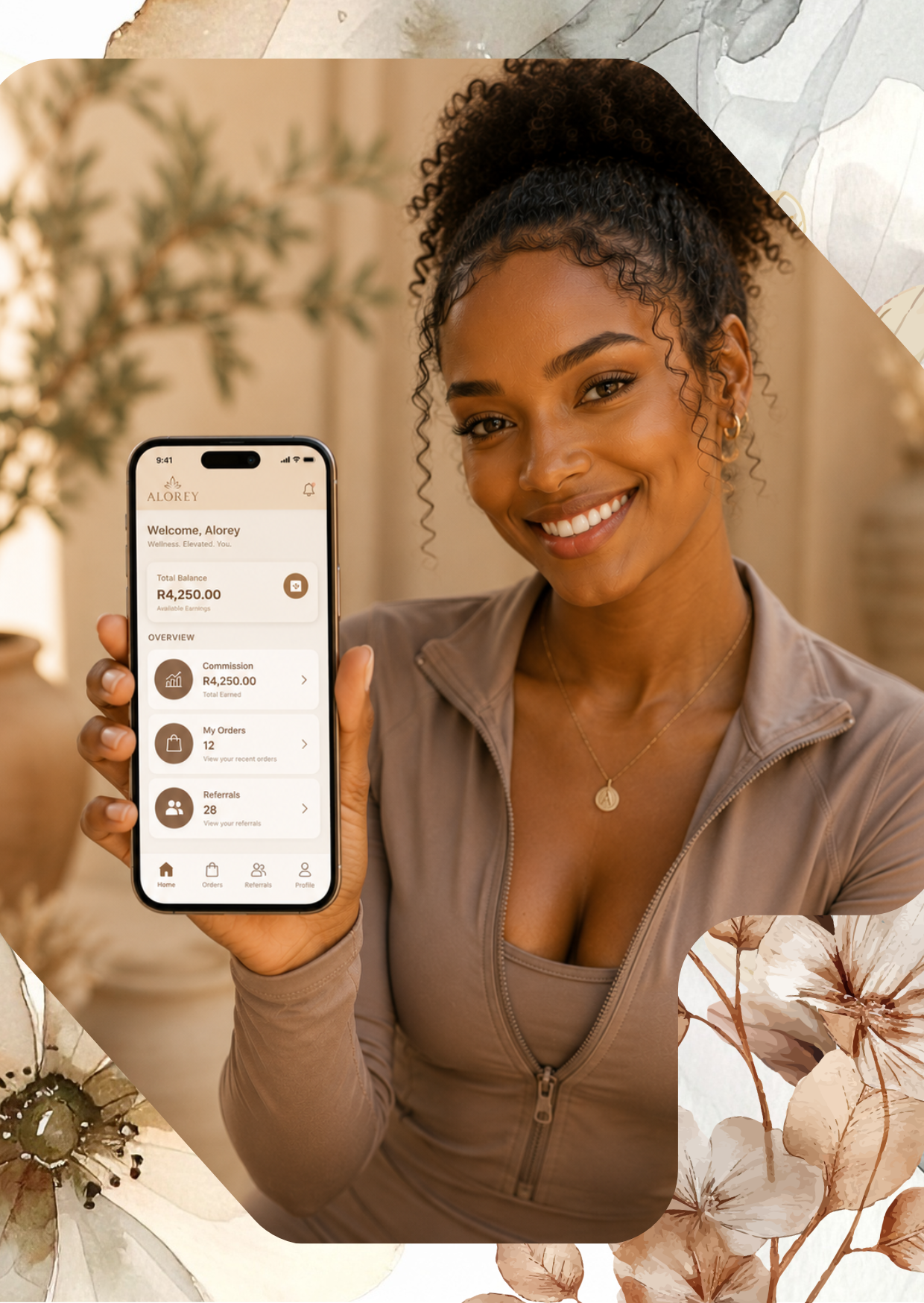 Alorey trend curator holding a phone showing their earnings dashboard